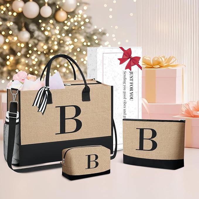 BAGAIL Initial Tote Bag, Personalized Birthday Gifts for Women, Teacher, Friends, Mom, Wedding, Monogrammed Beach Bag