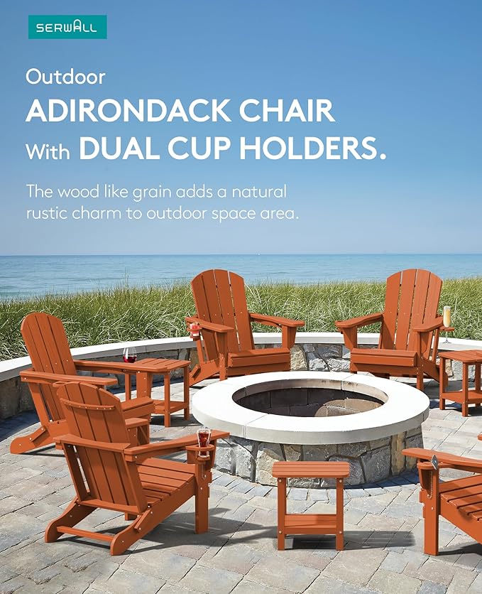 SERWALL Adirondack Chair with Cup Holders - Composite Adirondack Chairs HDPE Outdoor Chairs All Weather Use- Orange