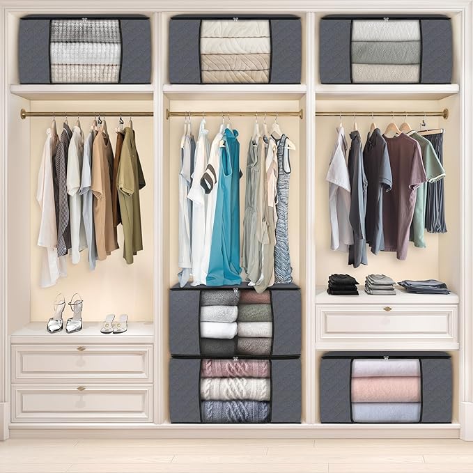Fab totes 6 Pack Clothes Storage, Foldable Thick Fabric Blanket Storage Bags, Containers for Organizing Bedroom, Closet, Clothing, Comforter,Closet Organization with Handle,Grey