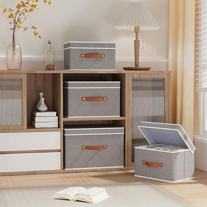 Fabric Storage Bins with Lids, Linen Foldable Clothes Boxes, Closet Organizer Containers with Double Handles, Baskets for Bedroom, Grey, 1 Pack, 13 x 9.1 x 7.9 Inch