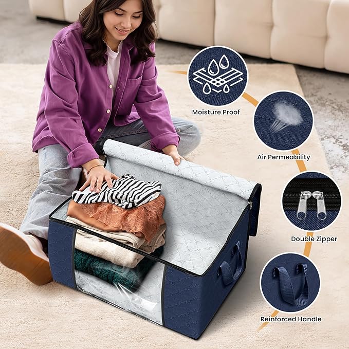 Fab totes 6 Pack Clothes Storage, Foldable Thick Fabric Blanket Storage Bags, Containers for Organizing Bedroom, Closet, Clothing, Comforter,Closet Organization with Handle,Blue