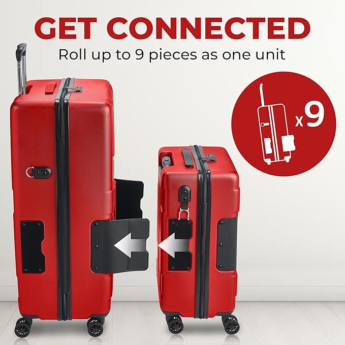Tach V3.1 Hard Shell 2 Piece Luggage Set - 20 & 28 inch Luggage | Carry On & Large Checked Suitcases | Patented Built-In Connecting System | Rolling Suitcase Links 9 Bags (Wine Red)