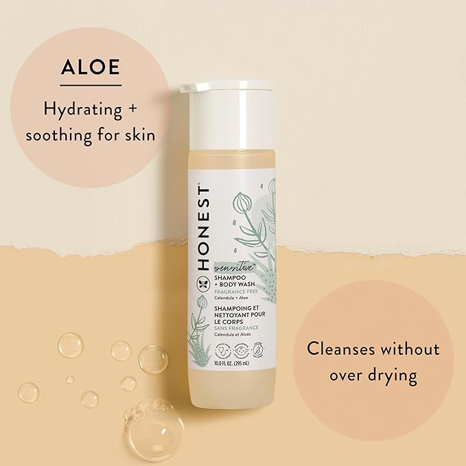 The Honest Company 2-in-1 Cleansing Shampoo + Body Wash for Sensitive Skin | Gentle for Baby | Naturally Derived, Tear-free, Hypoallergenic | Fragrance Free, 18 fl oz