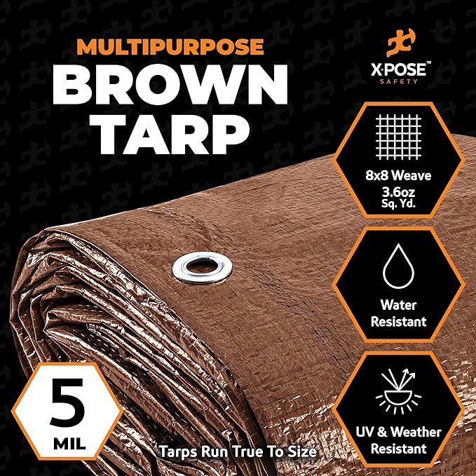 Multipurpose Protective Cover Brown Poly Tarp 10' x 10' - Durable, Water Resistant, Weather Resistant - 5 Mil Thick Polyethylene - by Xpose Safety