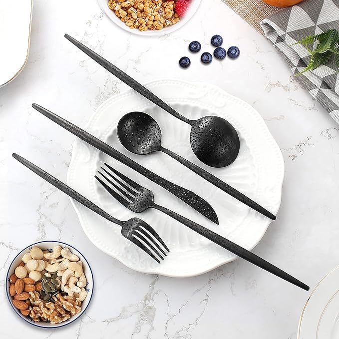 Silverware Set for 8, IBIILII JEFF 40 Pieces Stainless Steel Flatware Set，Matte Black Kitchen Utensil Set, Tableware Cutlery Set, Spoons And Forks Set, Satin Finished Polished & Dishwasher Safe