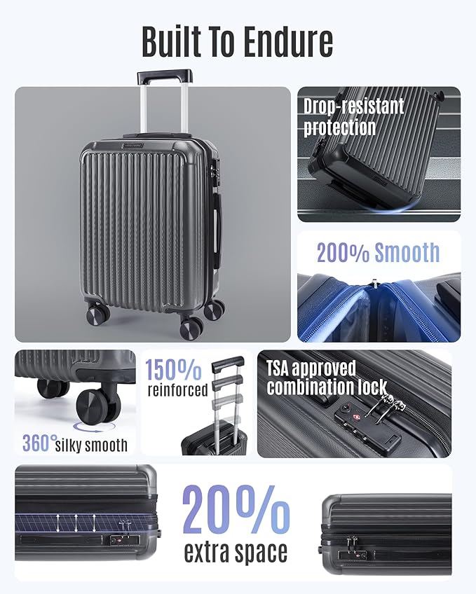 LIGHT FLIGHT Carry On Luggage 22x14x9 Airline Approved, Durable Hard Shell Carry On Suitcases with Wheels, Expandable Hardside Lightweight Travel Luggage with TSA Lock 20 Inch Carry on, Glacier Gray