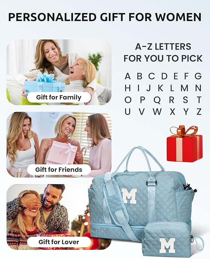 Gifts for Sister-Travel Bag for Women Shoe Compartment, Personalized Weekender Bag, Monogram Overnight Bag, Letter Travel Bag with Makeup Bag，Sister Friend Girlfriend Gifts (Letter N)