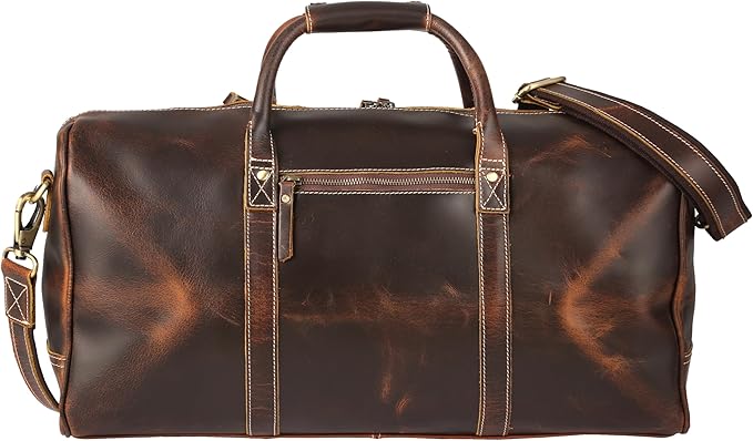 KomalC Leather Duffel Bags for Men and Women Full Grain Leather Travel Overnight Weekend Leather Bags Sports Gym Duffel for Men (Dark Tan, 20 Inch)