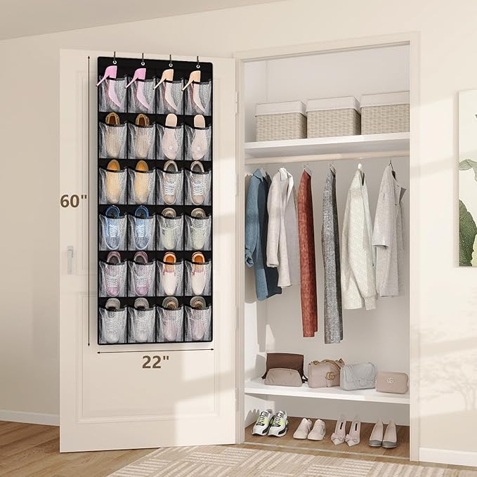FENTEC 24 Pocket Over Door Shoe Organizer, Mesh Closet Shoe Holder, Black