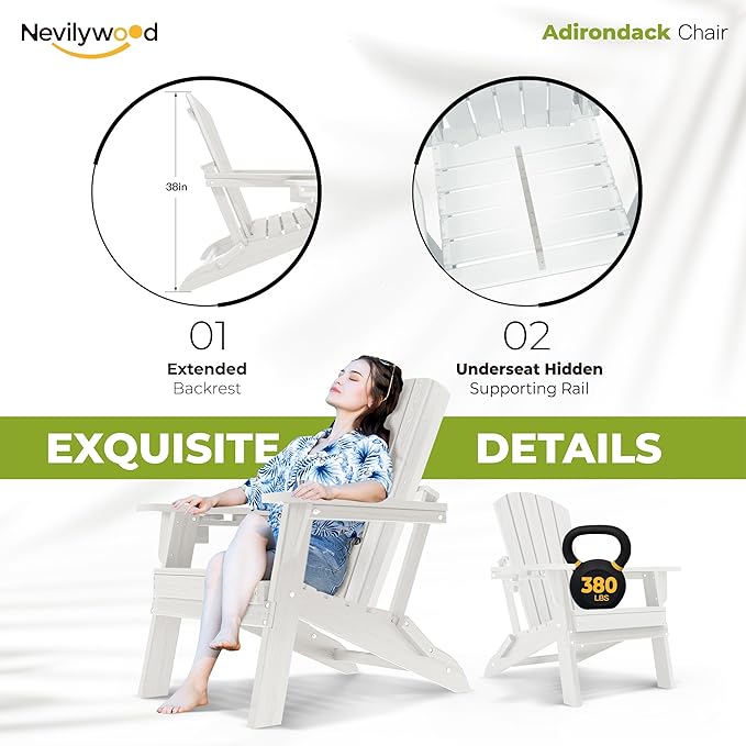 Folding Adirondack Chair - Extended Ergonomic Backrest, Cup Holder - Easy Assembly - Durable HDPE Plastic, Weather Resistant & Maintenance-Free - Lawn, Patio, Deck Supports 380lbs White