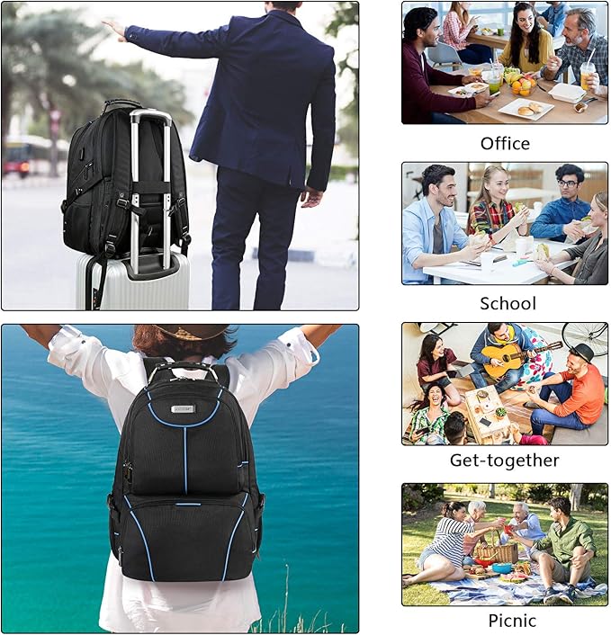 VECKUSON Lunch Bag Backpack, Insulated Cooler Lunch Box Backpack, Extra Large Travel Laptop Backpack TSA Friendly RFID Computer College bag with USB Port for Women Men,Blue