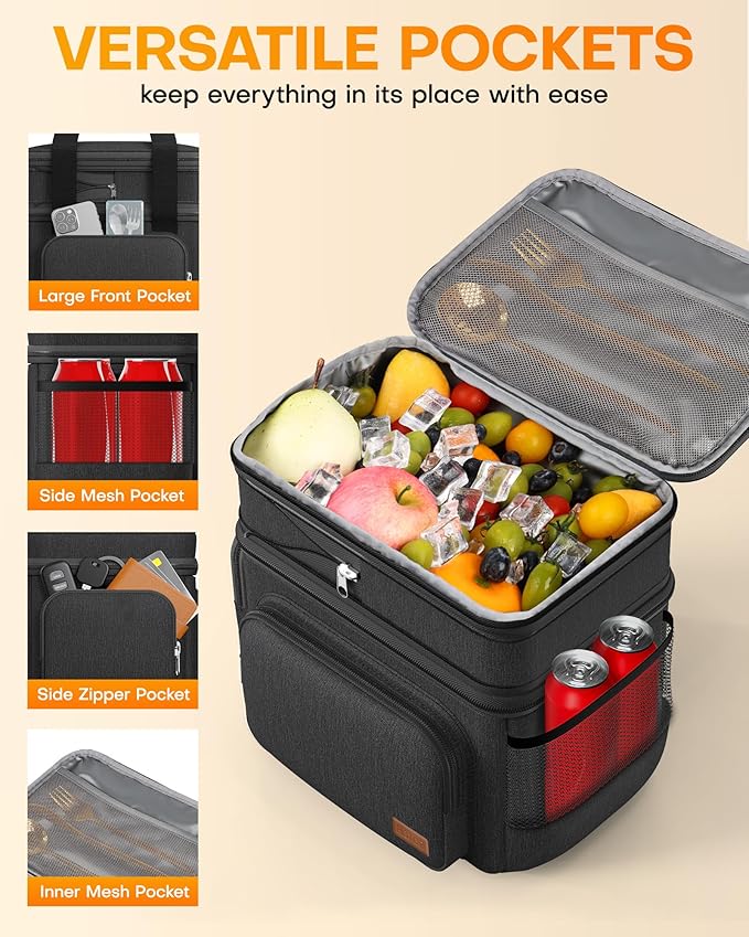 HOTOR Lunch Box for Men and Women - Leak-Proof Insulated Lunch Cooler Bag with Adjustable Strap, Multiple Pockets for Office, Picnic, Hiking, Beach, 2 Layer, 32L, Black, 14.6" x 10.7" x 13.0"