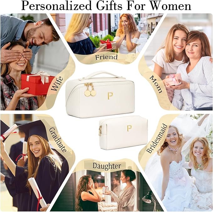 Birthday Gifts for Women Teen Girl, Personalized Initial Makeup Organizer Bag Set, Open Flat Travel Cosmetic Bag With Clear Divider and Handle(Beige,P)