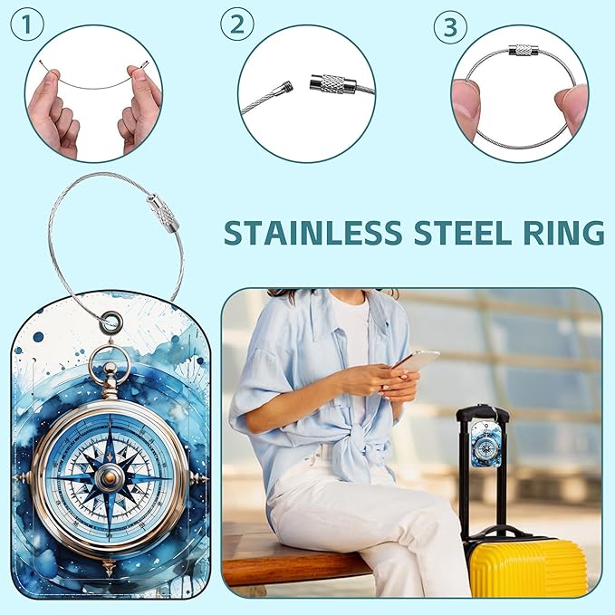 Old Compass on Vintage Map Luggage Tag for Suitcase Set of 2 PU Leather Cute Luggage Tags with Stainless Metal Loop ID Label Privacy Flap Suitcase Tags for Women and Men Travel