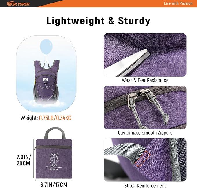 SKYSPER 15L/20L Foldable Hiking Backpack Lightweight Packable Travel Daypack with Chest Strap Small Folding Pack for Walking