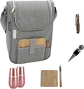 Truvelli Insulated Wine Tote Bag: Portable 2 Bottle Cheese Waterproof Black Canvas Carrier Picnic Kit - Stopper Attachment, Plus Wooden Charcuterie Board