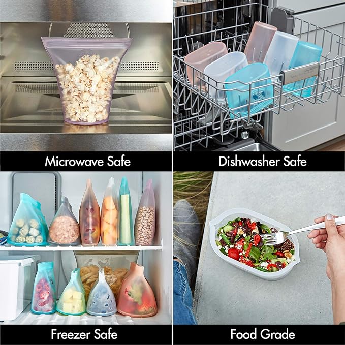 Zip Top Reusable Food Storage Bags | 3 Dish Set [Teal] | Silicone Meal Prep Container | Microwave, Dishwasher and Freezer Safe | Made in the USA