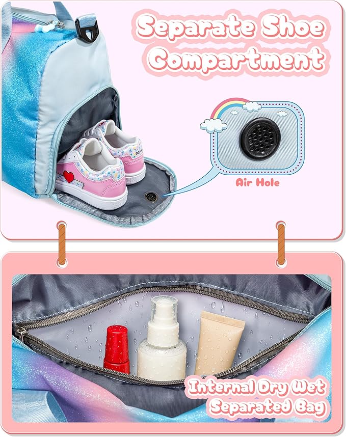 Easter Gifts for Teens Girls-Girl Gym Bag with Shoe Compartment, Kid Personalized Weekender Overnight Bags, Initial Travel Tote with Makeup Pouch, Gift for 3 4 5 6 7 Year Old Kids (Letter T)