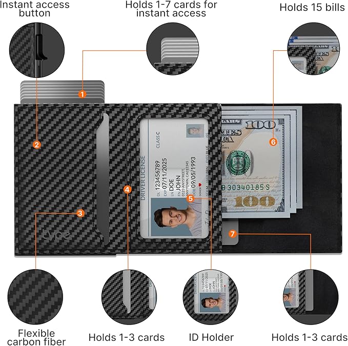 Mens Smart Wallet Card Holder for AirTag: Leather, Compatible with Apple Air Tag, RFID Blocking, Slim, Carbon Fiber, Minimalist - 9-14 Card Capacity | ID Window | Cash Slot (Black)