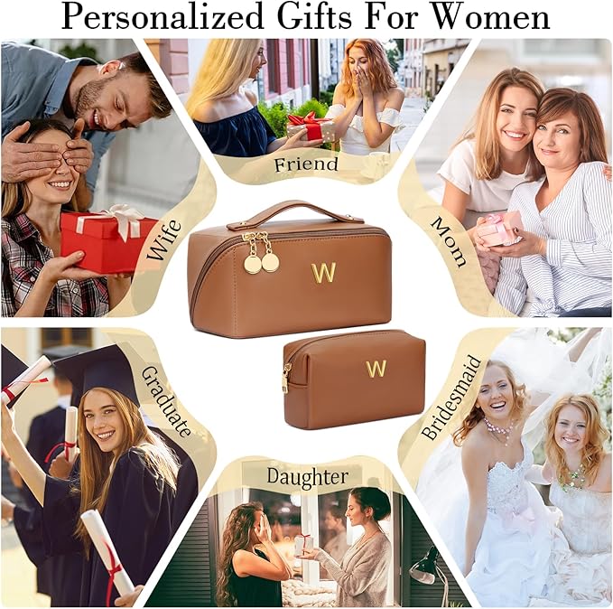 Birthday Gifts for Women Teen Girl, Personalized Initial Makeup Organizer Bag Set, Open Flat Travel Cosmetic Bag With Clear Divider and Handle(Brown,W)