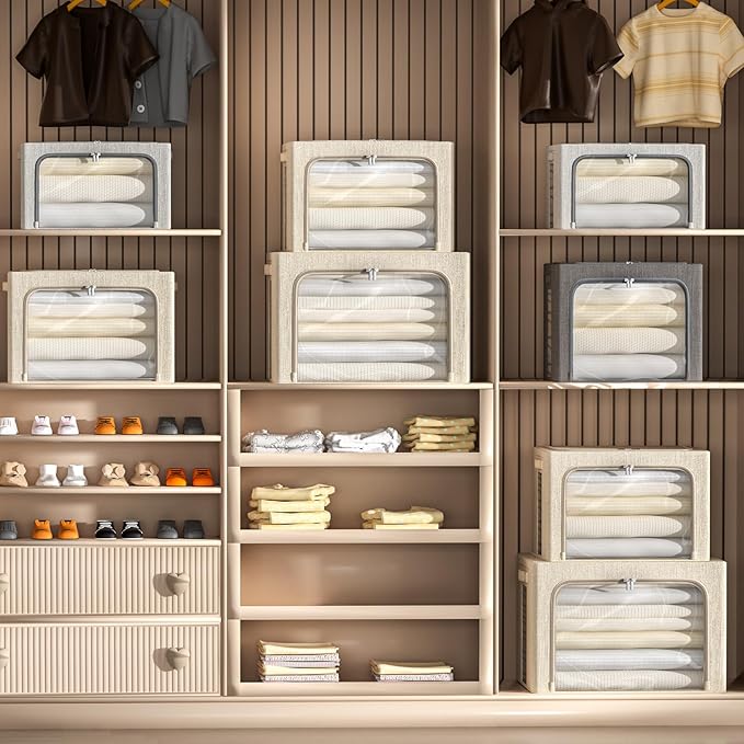 4 Pack Clothes Storage Bins with Metal Frame - Linen Fabric Foldable Stackable Container Organizer Set with Clear Window & Carry Handles & Zippers (Beige, 23.6"x16.5"x15.7")