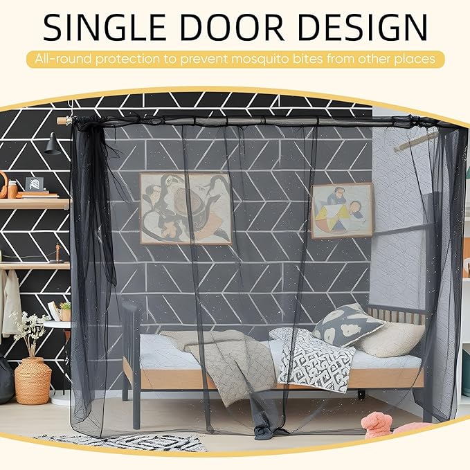 4 Corners Mosquito Net for Mosquiteros para Camas Bed Canopies Netting Bed Drapes Rectangular Mosquito Mesh for Camping Home Outdoor Travel(Black,L75 X W79 X H67 Inch,Opening)