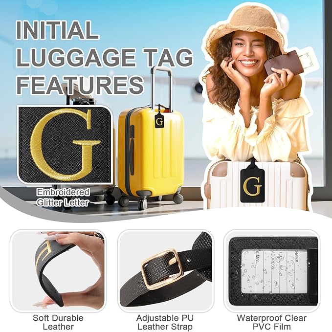 Personalized Initial Luggage Tags for Suitcase TSA Approved, Black Leather Cute Luggage Tag with Privacy Cover Name Card, Embroidered Custom Luggage Tags Travel Backpack Tags Gifts for Women Kids(G)
