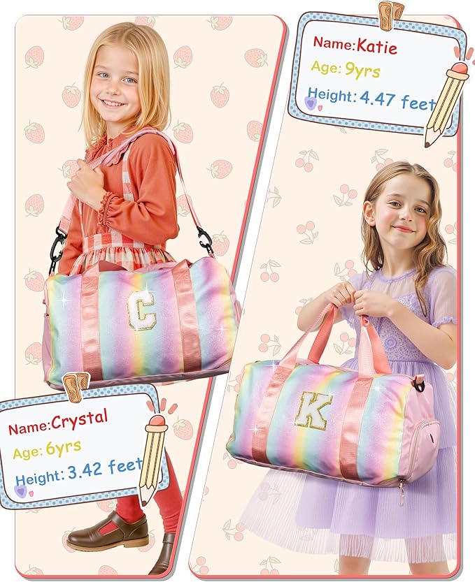 Birthday Gifts for 3 4 5 6 7 8 9 10 11 12 Year Old Girls-Girl Gym Bag with Shoe Compartment, Kid Personalized Weekender Overnight Bags, Initial Travel Tote with Makeup Pouch (Letter B)