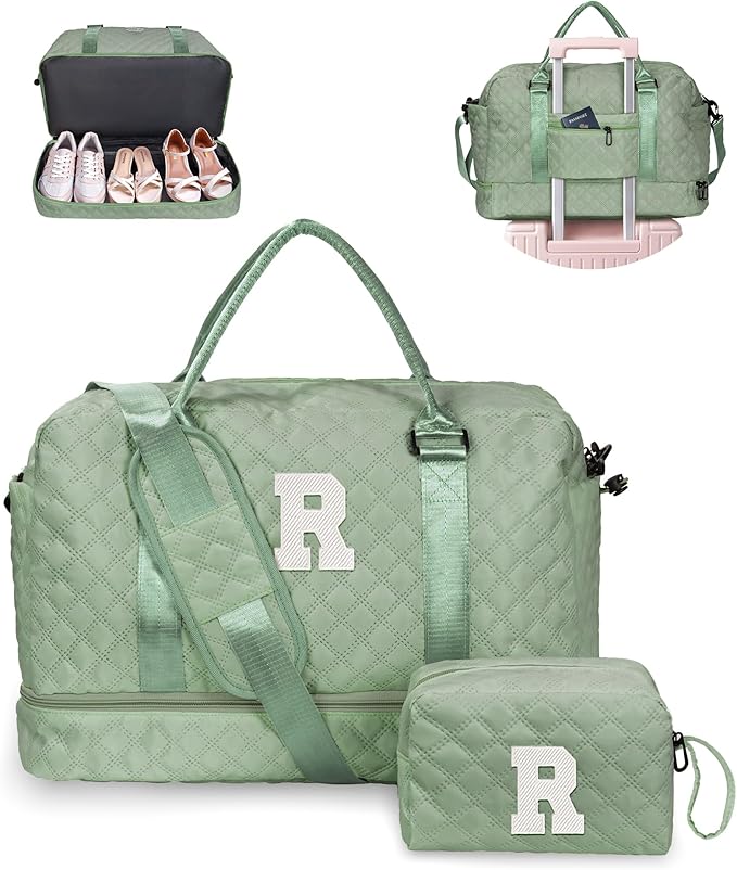 Gifts For Teacher Women-Initial Girl Travel Bag with Shoe Compartment, Personalized Weekender Bag for Her, Monogram Overnight Bag for Women, Letter Travel Bag with Makeup Bag (Letter R)