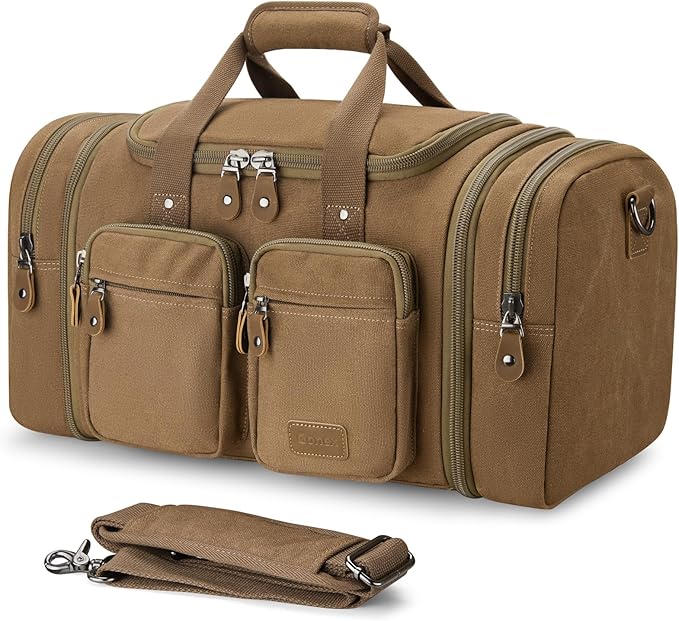 Gonex Canvas Duffle Bag for Travel, Expandable Water Resistant 50L Carry on Duffel Overnight Weekender Gym Bag with Wet Dry Separation Pocket & Suitcase Handle Sleeve,Coffee