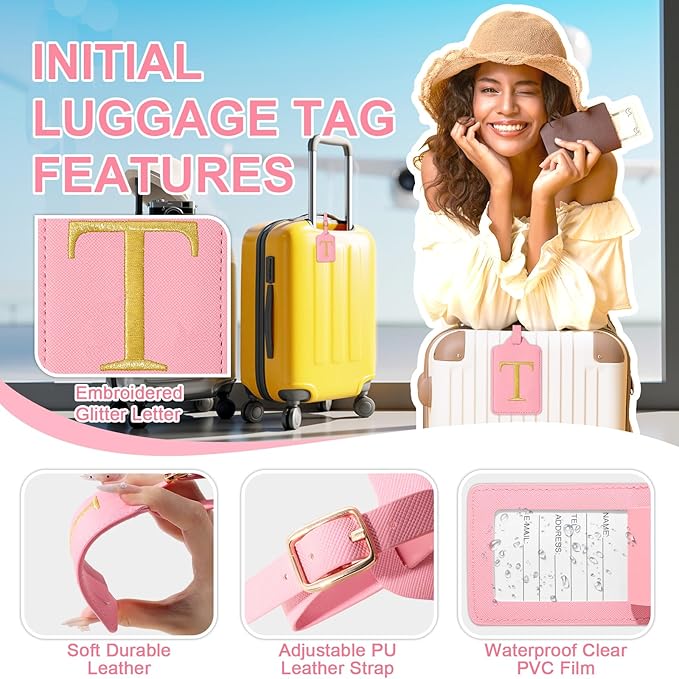 Personalized Initial Luggage Tags for Suitcase, Pink Leather Cute Luggage Tags with Privacy Cover Name Card, Embroidered Custom Monogrammed Luggage Tag Travel Bag Baggage Tags Gifts for Women Kids(T)