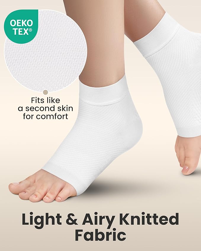 KEMFORD Ankle Compression Sleeve - Plantar Fasciitis Braces - Open Toe Compression Socks for Swelling, Sprain, Neuropathy, Foot Arch Support for Men and Women - 20-30mmhg, M, White