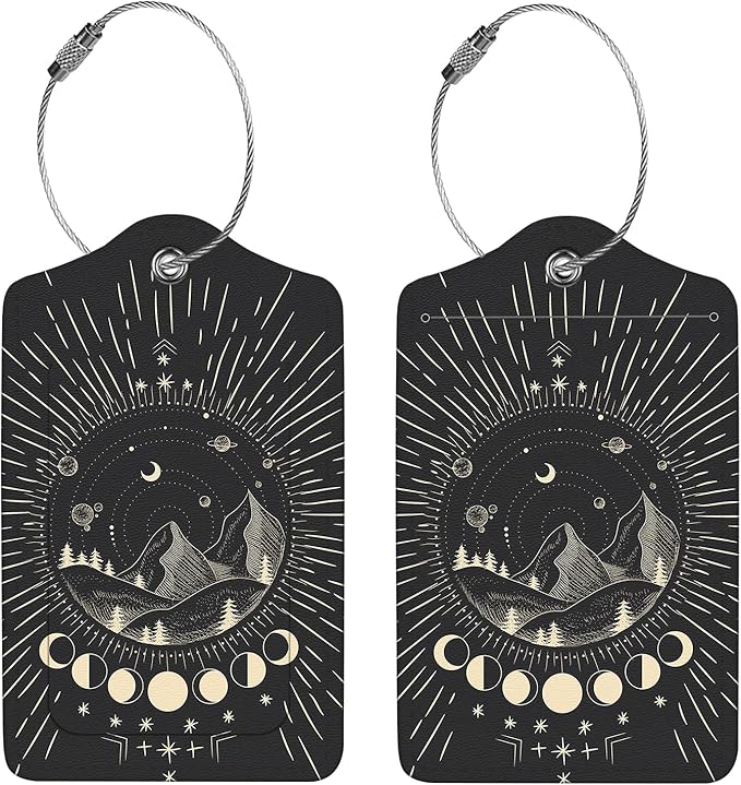 2 Pcs Luggage Tags for Suitcase, Cute Unique PU Leather Travel Bag Tag with Privacy Cover ID Label Address Card and Durable Metal Ring Suitable for Men Women Children Backpack,Mountain Range
