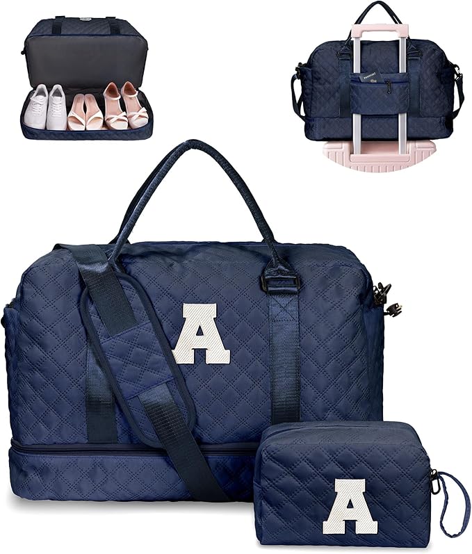Women's Initial Duffle Bag - Personalized Weekender with Shoe & Makeup Compartments, Monogram Overnight Bag (Letter A)