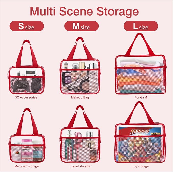 XEWEA Clear Travel Toiletry Bags, 3 Pack TSA Approved Transparent Makeup Bag for Men Women, Large Waterproof PVC Quart Organizer Kit with Zipper for Toiletries Airline Essential,Toy Storage Pouch Red