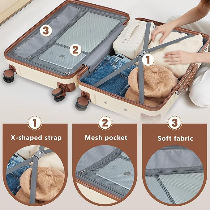 Luggage Sets Lightweight Hard Shell Suitcases with Spinner Wheels for Family Travel - Durable PC+ABS Material Carry On Luggage YKK Zippers (Beige, 6 Piece Sets (18/20/24/28/DB/TB))