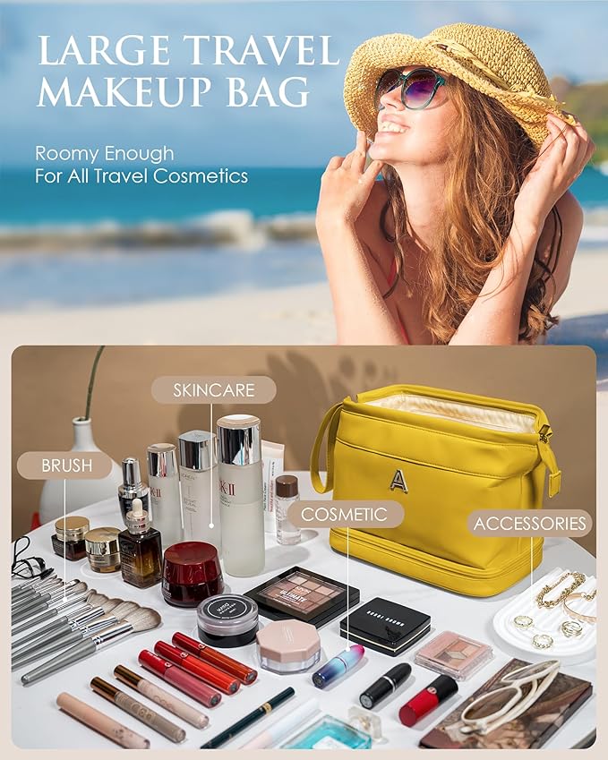 Womens Gifts, Initial Makeup Bag, Travel Gifts, Personalized Bags, Waterproof Double Layer Cosmetic Bag, Large Capacity PU Leather Makeup Bags Letter Travel Toiletry Bag, Friend Gifts