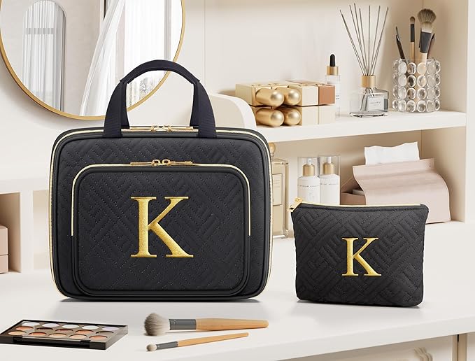 Personalized Gifts for Women, Initial Toiletry Bag Hanging Travel Organizer & Makeup Cosmetic Bag with Embroidery Letter Teacher Appreciation Gift Birthday Mothers Day Gifts for Mom Wife Friend Sister