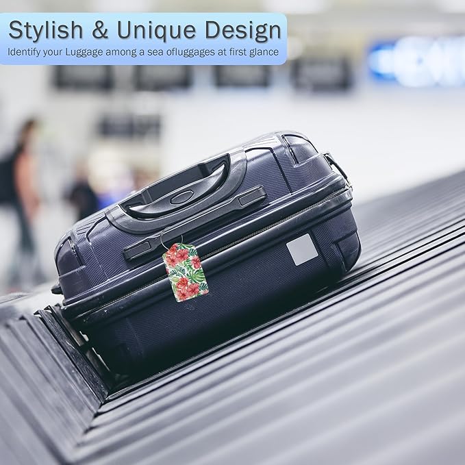 Tropical Palm Leaves Luggage Tags for Suitcase,Hibiscus Flowers Luggage Tags of Set 2 Leather Identifiers Privacy Cover with Stainless Steel Loop for Women Men Travel Bag Suitcase