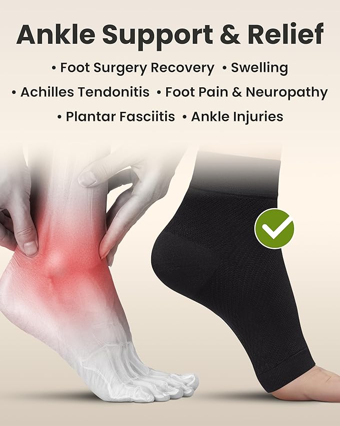 KEMFORD Ankle Compression Sleeve - 2-Pack, Plantar Fasciitis Braces - Open Toe Compression Socks for Swelling, Sprain, Neuropathy, Foot Arch Support for Men and Women - 20-30mmhg, L, Black