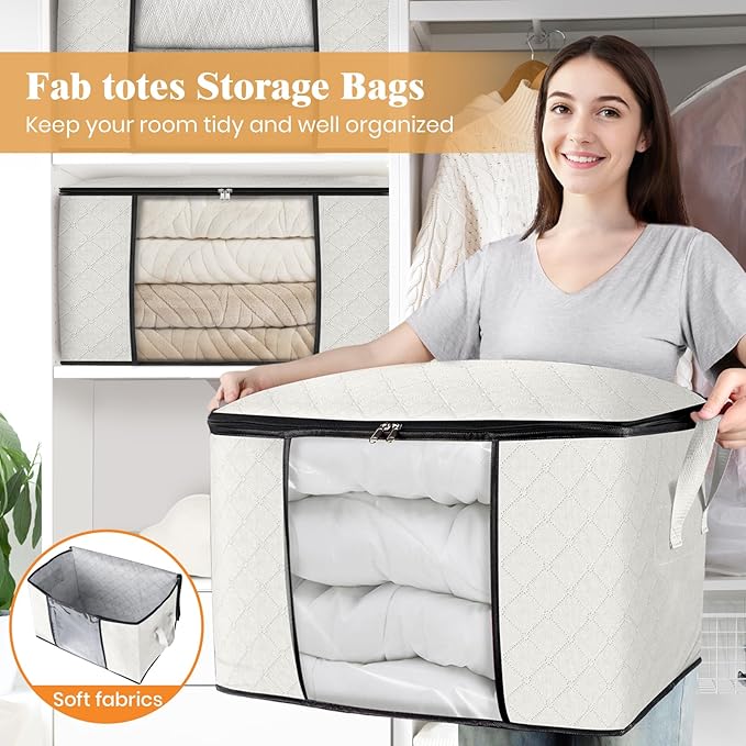 Fab totes 24 Gallons Clothes Storage, Foldable Thick Fabric Blanket Storage Bags, Containers for Organizing Bedroom, Closet, Clothing, Comforter, Organization with Handle (3 Pack,Ivory)