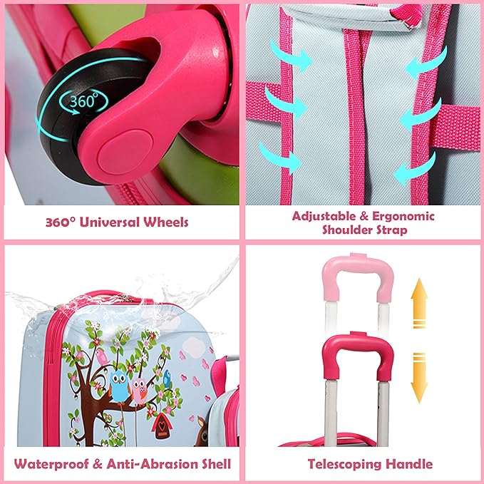 Sandinrayli Kid Luggage Set, 12” Backpack & 16” Kid Carry on Suitcase with Spinner Wheels, Travel Rolling Luggage for Girl