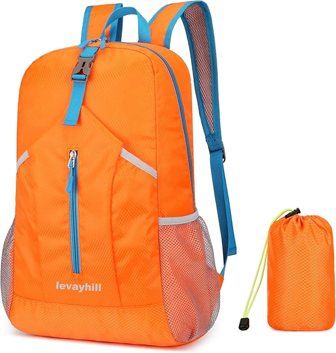 25L Hiking Backpack Foldable Sports Daypack Camping Collapsible Bag Water Repellent Lightweight Travel Men Women (Orange)