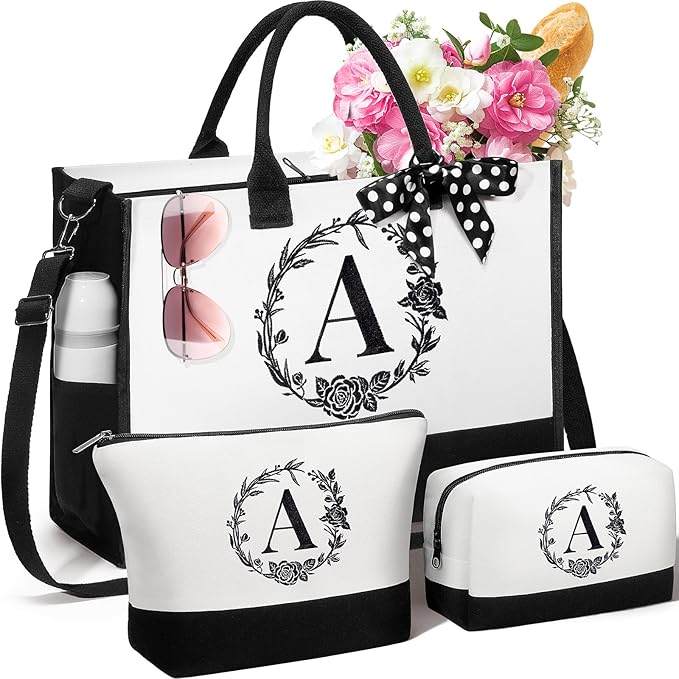 Personalized Christmas Gifts for Women, Initial Canvas Tote Bag & Makeup Bag Monogrammed Beach Tote Bags for Women w/Zipper, Birthday Gifts for Mom Her Sister Friend Girlfriend Wife Daughter Teacher
