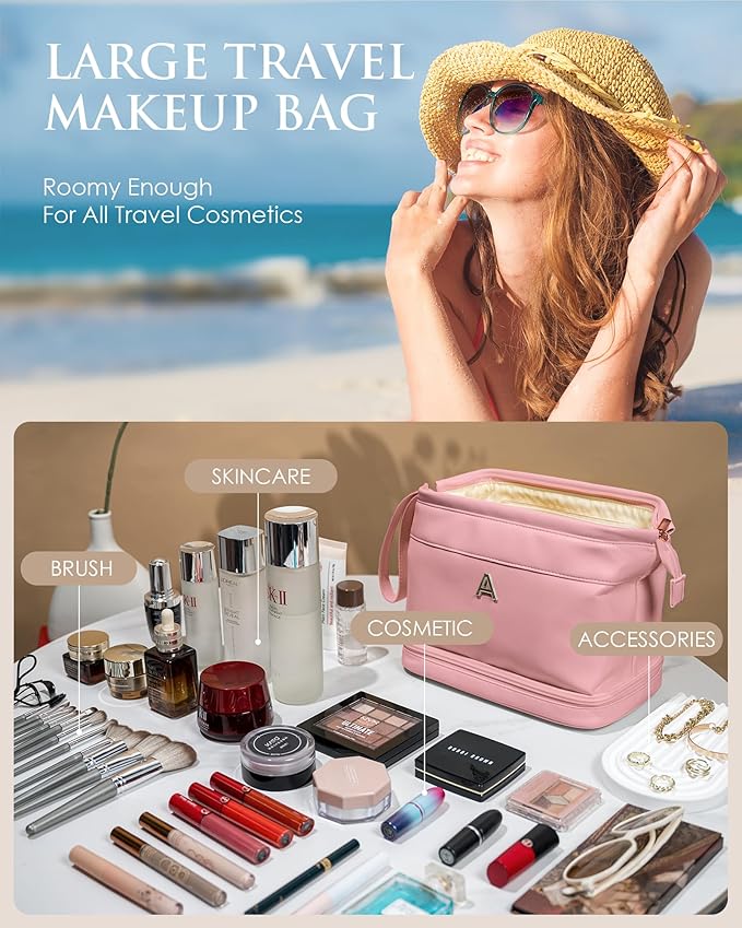 Initial Makeup Bags for Teens Girls, Personalized Double Layer Cosmetic Bag with Makeup Brush Organizer, Large Capacity PU Leather Travel Toiletry Bag, Gifts for Friends Female Mom