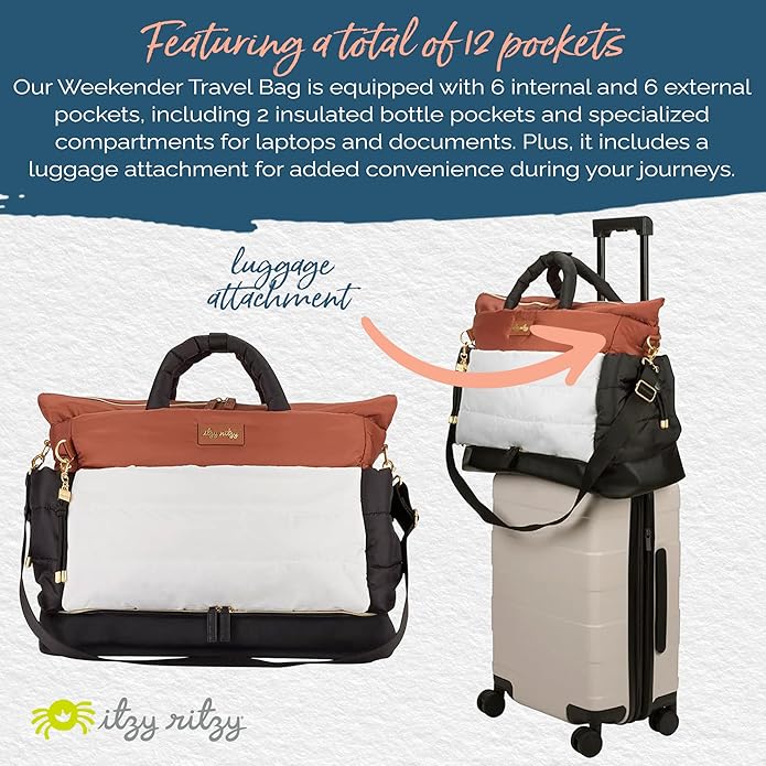Itzy Ritzy Dream Weekender Travel Bag – Lightweight Overnight Bag with Base Compartment, 12 Pockets, Bottle Holders & Strap