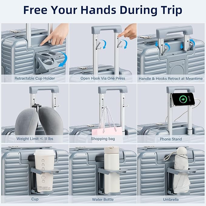Large Checked Luggage 28 Inch Hard Shell Suitcases, Expandable Travel Luggage Lightweight Check In Luggage with Spinner Wheels Cup Holder Charger Built in, Silver