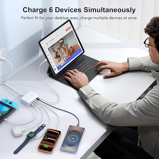 USB C Fast Charger, 100W GaN 6 Port Type C Charging Station Hub Block Cube, USB C Wall Charger Power Strip Adapter Plug for iPad iPhone 17 16 15 14 13 12 Pro Max Pixel Note Galaxy, 5ft Cord