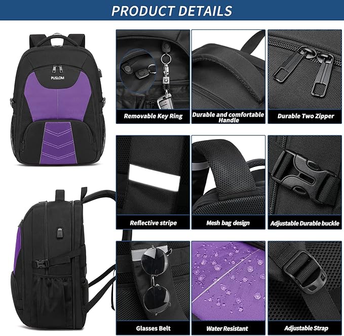 PUSLOM Extra Large Travel Laptop Backpack for Men 55L,Water Resistant 18.4 inch Big Business Laptop bags with USB Charging Port,TSA Friendly Anti Theft Computer Bag for Work College,Purple