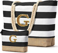 Becokan Beach Bag Initial Beach Tote with Makeup Bag for Travel Work Storage Personalized Birthday Gifts for Women Her